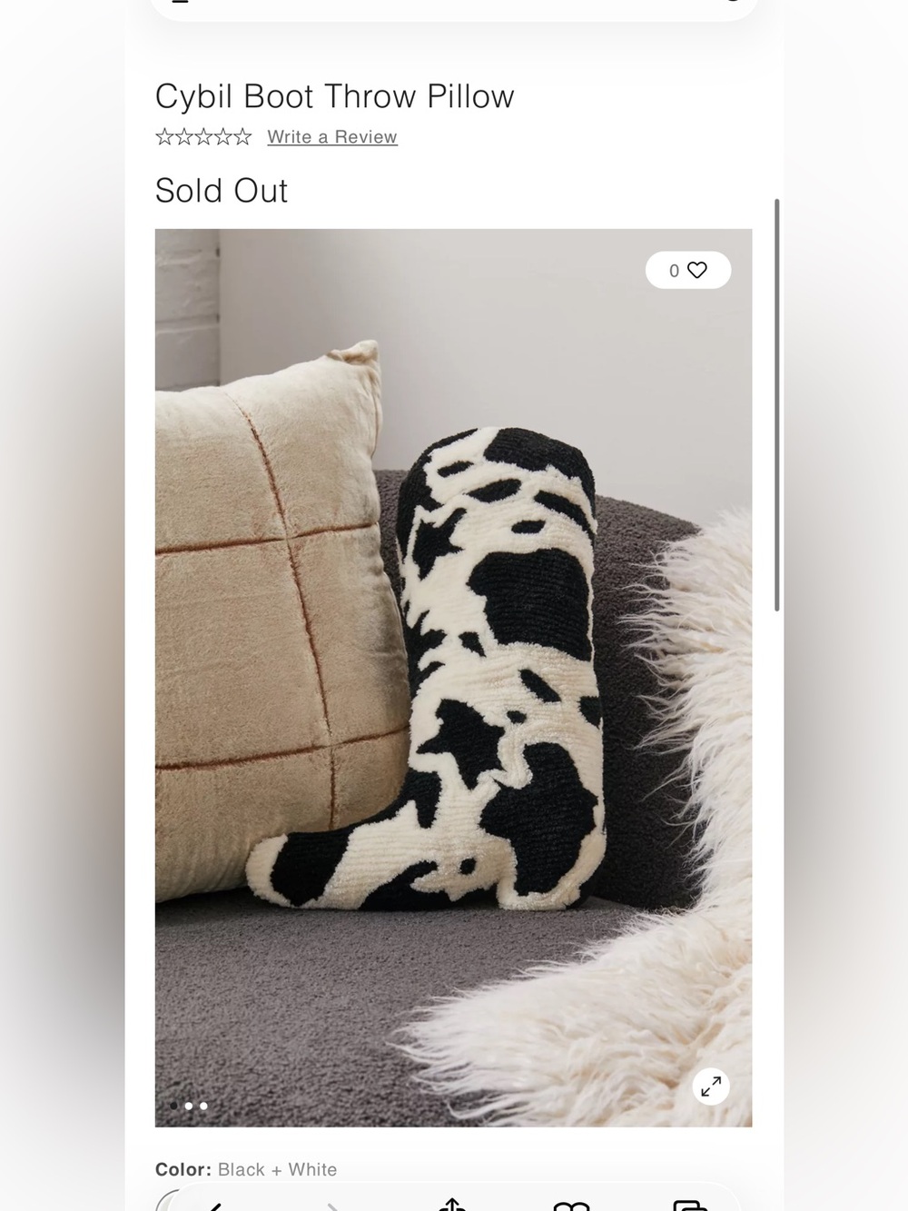 Urban Outfitters Cybil Cowhide Boot Throw Pillow - Black & Cream